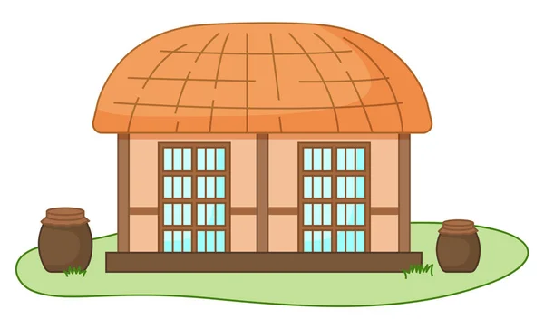 Asian village old house vector illustration. Thatched-roof rural building standing on green grass Vector Graphics