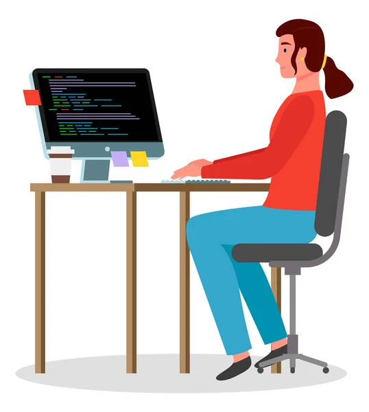 컴퓨터를 가지고 있는 여성 직장, 사무실 근로자, 식탁에 앉아서 키보드로 타자를 치는 사업상의 여성 — 스톡 벡터