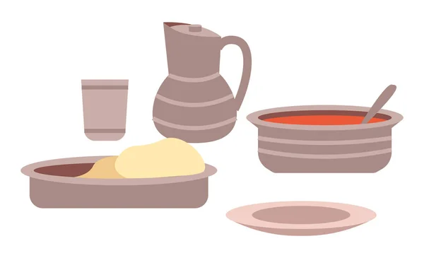 Cuisine indienne plats illustration vectorielle. Emblème alimentaire local. Pains à la soupe aux tomates sur assiettes — Image vectorielle