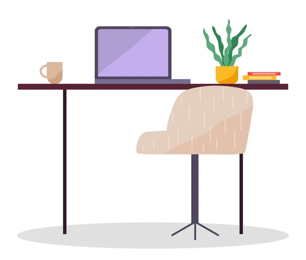 Moderno local de trabalho design plano. Cadeira de escritório e mesa de escritório com um laptop isolado em branco —  Vetores de Stock