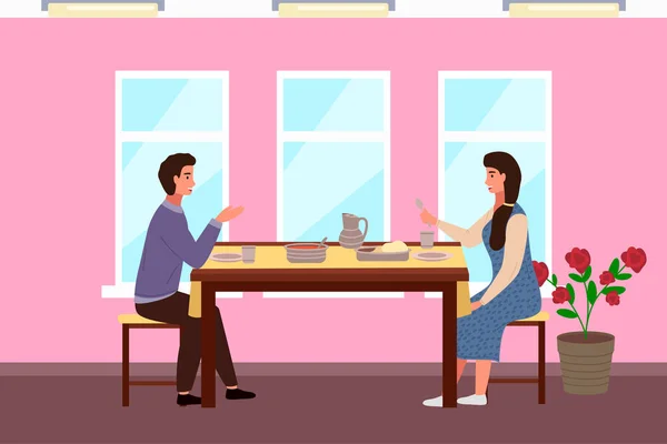 Couple is eating indian food. Characters in relationship are having date in the pink restaurant — Stock Illustration Couple is eating indian food. Characters in relationship are having date in the pink restaurant Stock Illustration