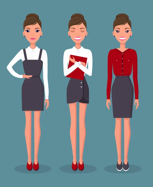 Mädchen in verschiedenen Positionen und Emotionen im Gesicht. Geschäftsfrau in verschiedenen Posen — Stockvektor