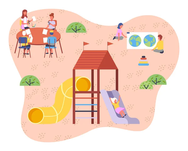 Crianças brincando de ilustração vetorial playground. Crianças no campo de jogos de verão brincam na areia — Vetor de Stock