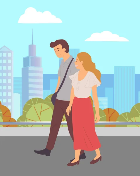 人们在城市公园里散步，年轻夫妇牵着手。户外，室外散步。绿色城市公园 — 图库矢量图片
