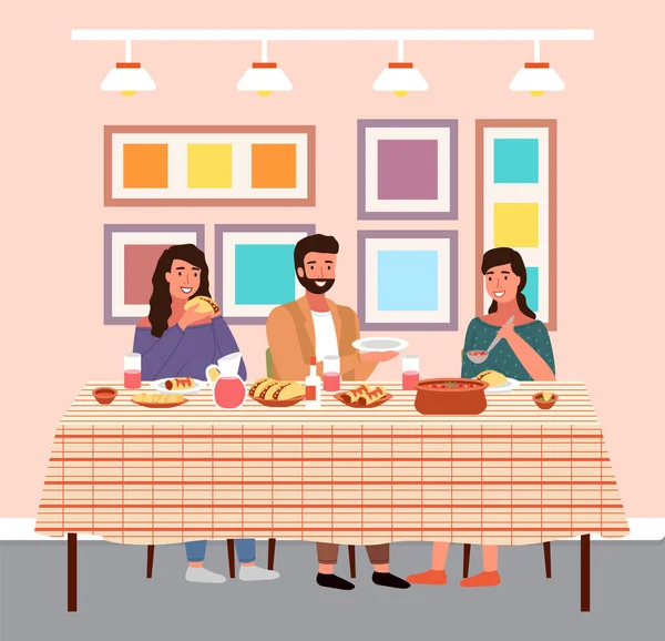 La gente está cenando en el colorido restaurante. Personajes comiendo platos de cocina mexicana — Vector de stock