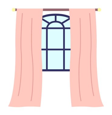 Pembe perdeli mavi pencere çerçevesi. Vintage pencere, iç mekan. Düz vektör illüstrasyonu