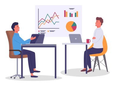 İki adam, ofis çalışanları ofiste oturup sohbet ediyorlar. İnsanlar birlikte çalışır ve sohbet ederler. Analitik veri tablosu