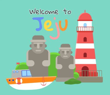 Güney Kore adası Jeju 'nun ana ilgi alanları. Deniz fenerli Mountaine Hallasan, taş figürlü.