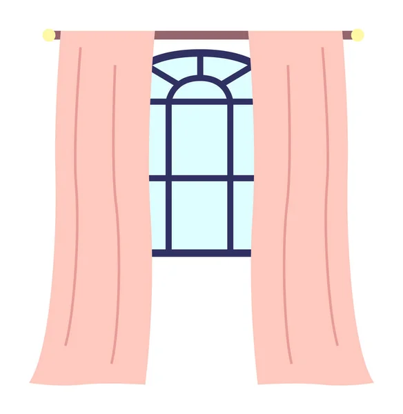 Marco de ventana azul con cortinas rosadas. Vintage ventana, elemento interior. Ilustración vectorial plana — Vector de stock