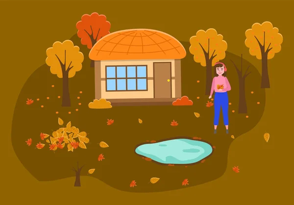 Düşen yapraklarla eğlenen bir kadın. Sonbahar manzarası ve aktivitesi. Kız evin yanında duruyor. — Stok Vektör