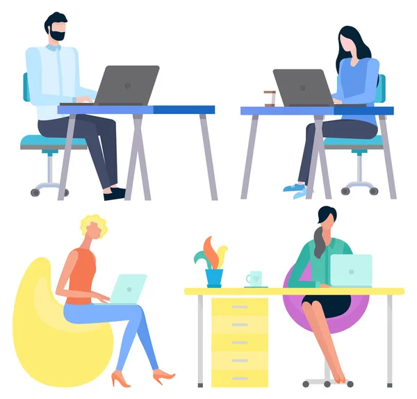 Worker Man and Woman Using Laptop, Work Vector — Stock Vector