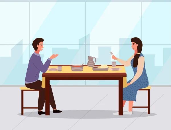 Couple is eating indian food. People are having date. Large panoramic window on background — Stock Illustration Couple is eating indian food. People are having date. Large panoramic window on background Stock Illustration