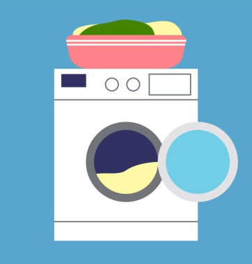 Çamaşır makinesi ve çarşaflı leğen. Modern otomatik çamaşır makinesi düz vektör çizimi