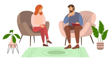 Bir adam ve bir kadın koltuklarda oturuyorlar. Beyaz arka planda izole edilmiş birkaç kişi var.