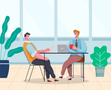 Resmi kıyafetler giymiş iş adamları masada dizüstü bilgisayarlarla oturup konuşuyorlar.