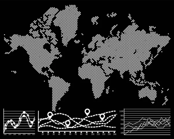 黒の背景に隔離された点線の白い世界地図。印のあるガイドブックの道と道 — ストックベクタ