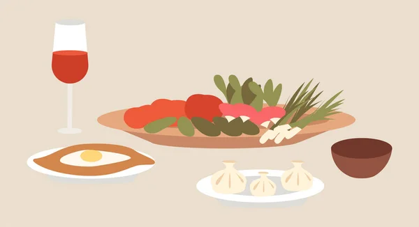 Gruzínská kuchyně pokrmy vektorové ilustrace. Znak místního jídla. Khinkali a khachapuri na talířích — Stockový vektor