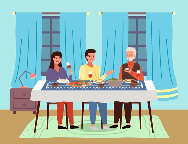 Lidi jedí georgiánský jídlo. Postavy spolu večeří v jídelně. — Stockový vektor