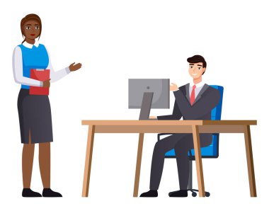 Ofis çalışanları. İş arkadaşları. Meslektaşlar proje takım çalışmasını tartışırlar. Ofis çalışanları iş ve iletişim