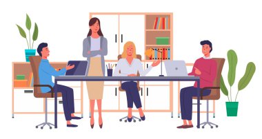 İş adamları iletişim kuruyor, bir projeyi tartışıyorlar. İş toplantısı, ofis odasında çalışma süreci