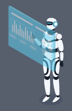 Beyaz robot vektör çizimi gelecekteki dijital hologram panosunun yanında tam boy ayakta duruyor