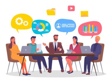 İş adamları ofiste konuşuyor ve birlikte çalışıyorlar. Masanın etrafında toplanan personel veya ortaklar