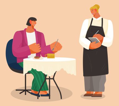 Lokantada ya da kafede yemek yiyen bir kadın, elinde gazete kağıdıyla duran bir kız.