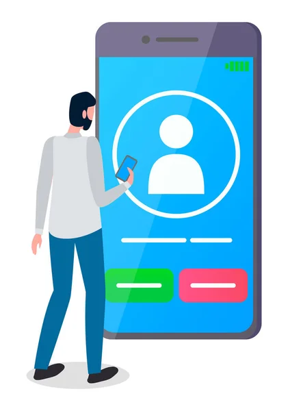 Adam büyük bir akıllı telefon ekranının önünde duruyor ve görüntülü sohbet ediyor. Büyük beyaz insan silueti — Stok Vektör