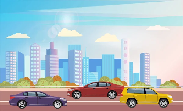 Coche en la calle de la ciudad, Paisaje urbano con edificios — Vector de stock