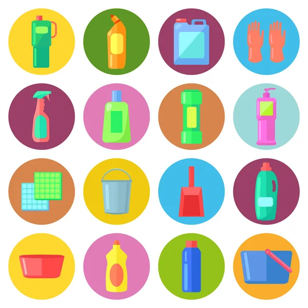 Conjunto de botellas de productos químicos domésticos, suministros y limpieza, herramientas y recipientes para la limpieza. — Vector de stock