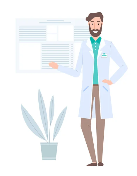 A doctor in a white coat with a badge works in a hospital. Bearded therapist in medical office — Stock Vector