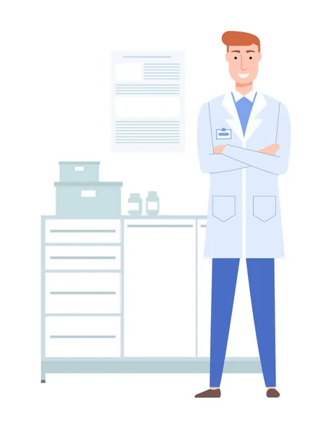 Un médecin en blouse blanche avec un badge travaille au labo. Thérapeute rousse dans le bureau médical — Image vectorielle