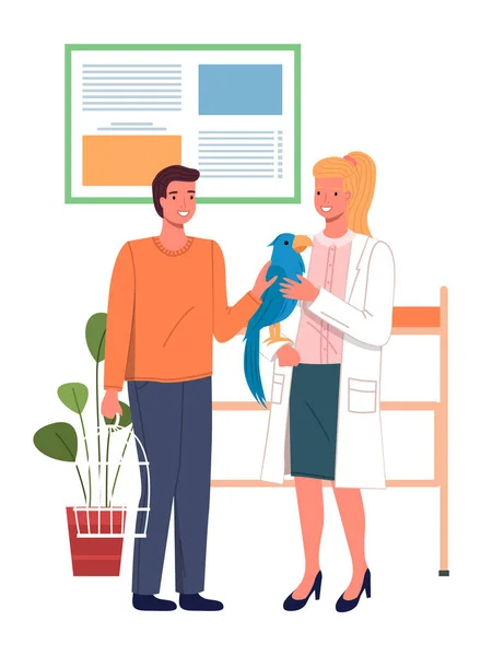 O veterinário tem um papagaio nas mãos. O proprietário acariciando o animal de estimação na clínica veterinária — Vetor de Stock