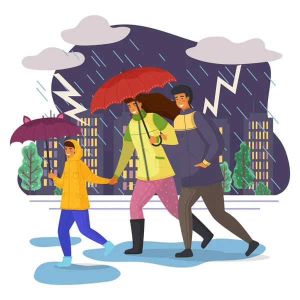 Keluarga berjalan di hujan dengan payung, berjalan melalui genangan air, petir di langit - Stok Vektor
