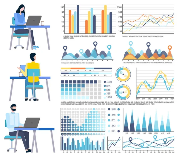 Travailleur avec ordinateur portable, rapport de graphique, vecteur statistique — Image vectorielle