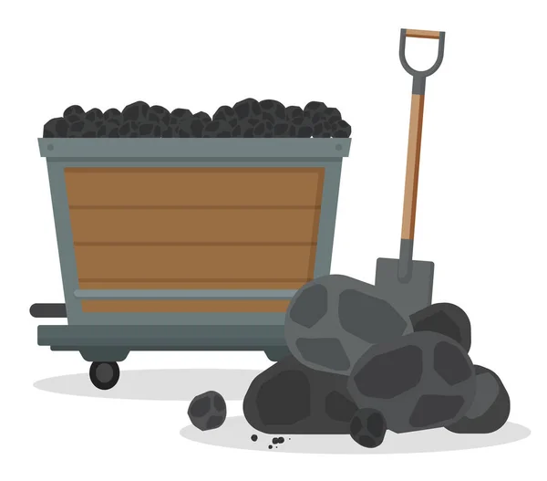 Kömürlü maden arabası, siyah taşlar ve beyaz arka planda izole edilmiş bir kürek. — Stok Vektör
