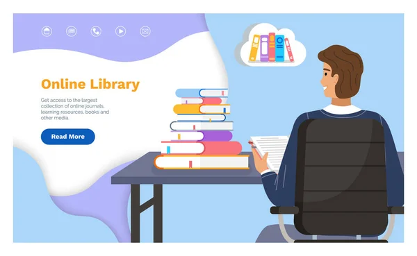 Online library landing page template with a man student at the table with a pile of books back view — 스톡 벡터