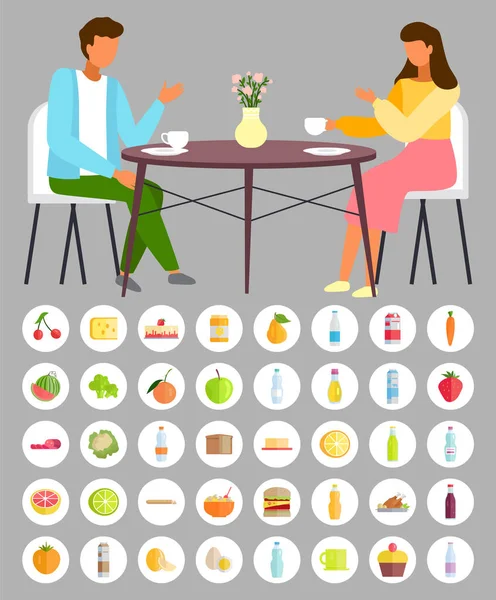 Homme et femme assis à la table avec un café au restaurant. Couple marié boire du thé dans la cuisine — Image vectorielle