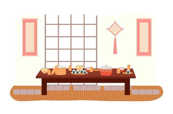 Столовая в восточном стиле. Дизайн интерьера с японскими элементами. Обеденный стол с едой — стоковый вектор