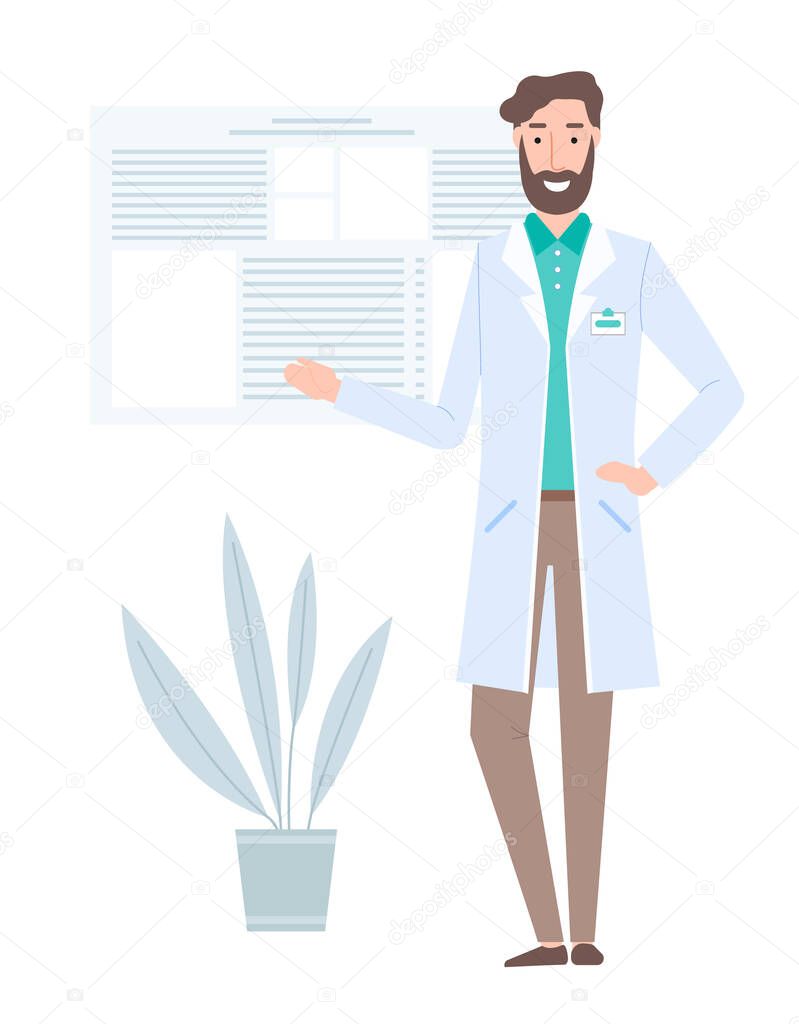 A doctor in a white coat with a badge works in a hospital. Bearded therapist in medical office