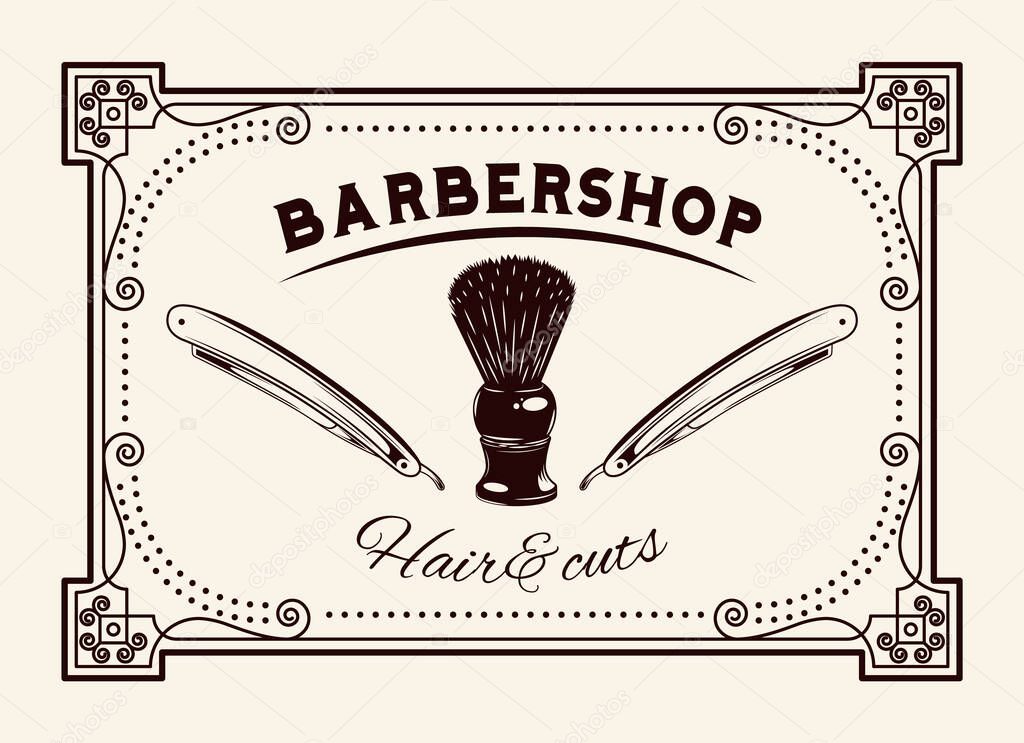 Logotype for barbershop vintage style. Barber shop logo, emblem with shaving brush, dangerous blade