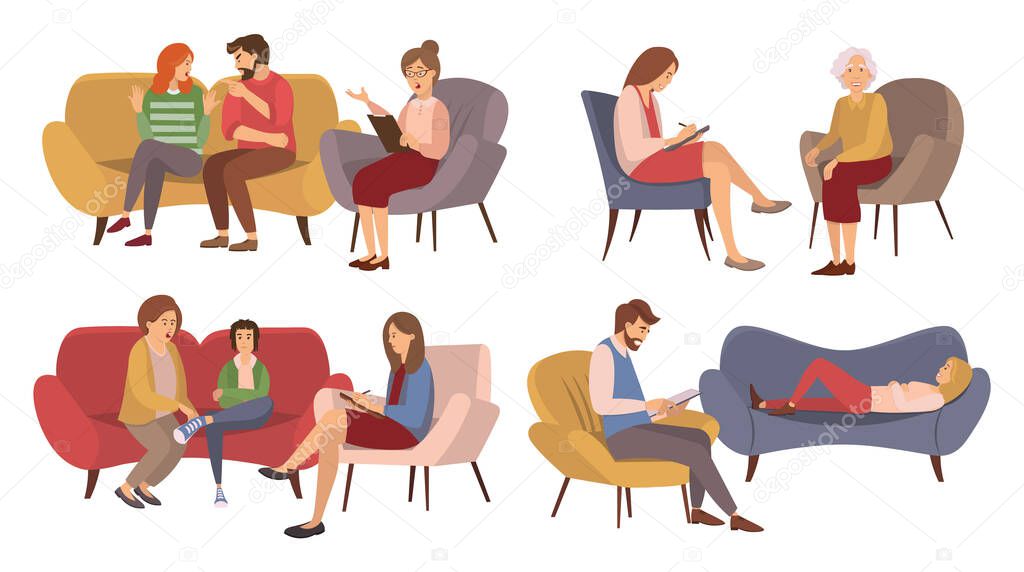 A set of pictures about psychotherapy sessions. People sit at the reception of a specialist