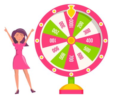 Şans tekerleği konsepti. Şans tekerleği ve piyangoyla kumar oynayan kız.