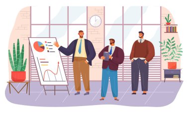 İş adamı istatistiksel bir rapor sunuyor. Analiz ve planlama sektörü