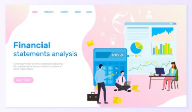 Şablon finans sitesi. Finansal analiz işlemi tamamlanmadı. Laptoplu, hesap makineli, veri tabanlı insanlar