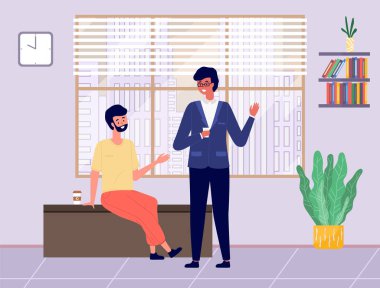 Ofiste çalışan insanlar. Mutlu dostların olumlu iletişimi. Çocuklar kahve içiyor.