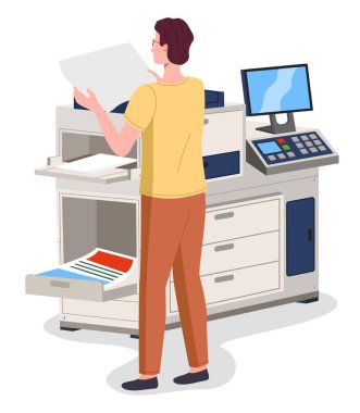 Baskıdan yazıcıya tipografide çalışan genç bir adam. Çalışan karakter ve boya servisi izole edildi.