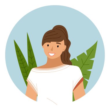 Siyah saçlı kız resmin üzerinde duruyor. Kadın karakter gülümseme vektör çizimini gösterir