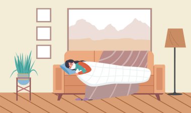 Soğuk algınlığı geçiren ve yatakta yatan kadın karakter. Maskeli kadın ev vektörü çiziminde hasta.