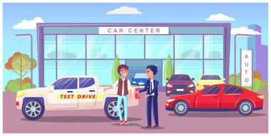 Araba merkezi, farklı modern otomobilleri olan sergi salonu, adam satıcı müdürü anahtarlarını sahibine veriyor.